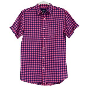 Springfield Mens Pink Blue Gingham Check Short‎ Sleeve Custom Fit Shirt Small
